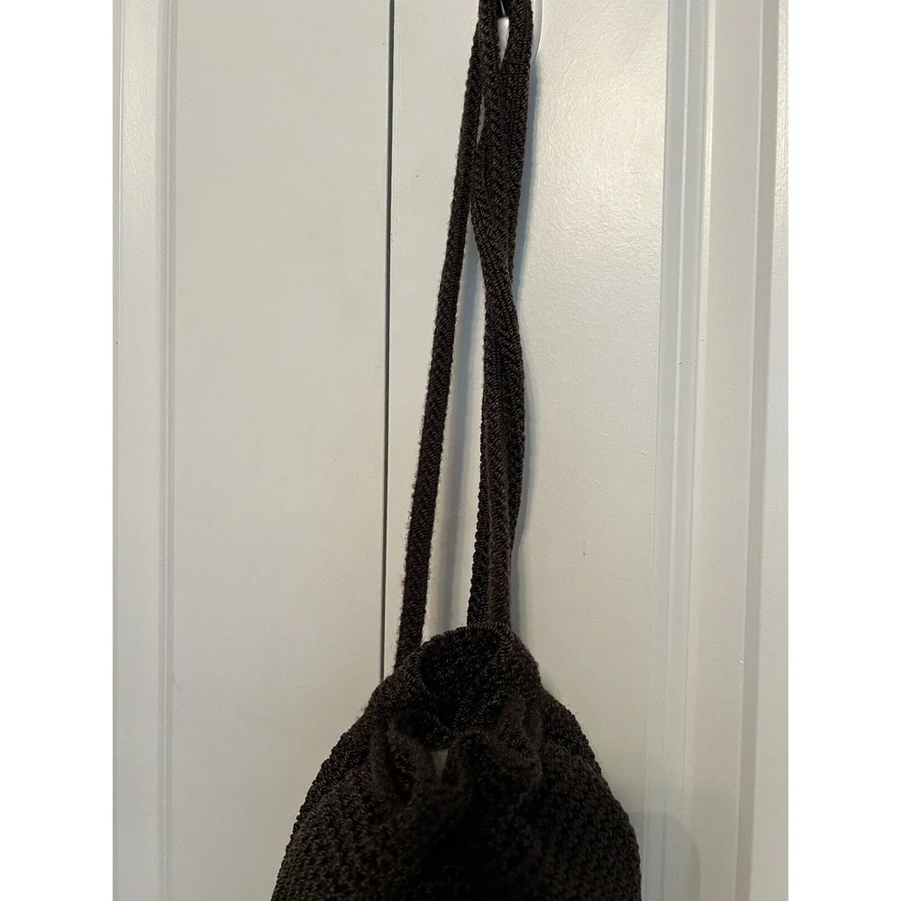 The Sak  Small Crocheted‎ Bucket Purse Drawstring Backpack Boho Bag Dark Brown